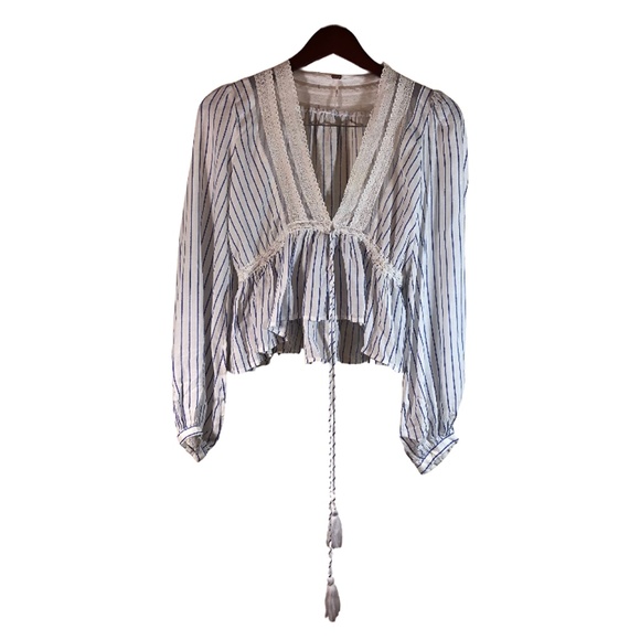 Free People Tops - Free People White Blue Lace Stripped Blouse Size S